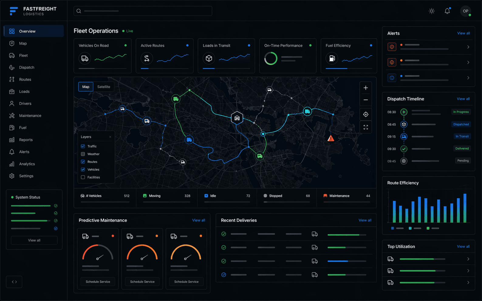 Generated dark fleet management and route optimization product dashboard
